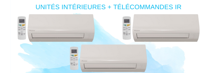 Composition du pack multisplit avec 3 unités intérieures Sensira et trois télécommandes infrarouge